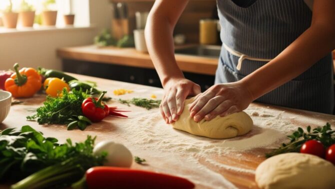 Hands making pasta on a table with fresh ingredients.