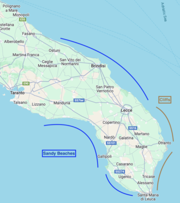 Map of Puglia to locate top beaches in Italy