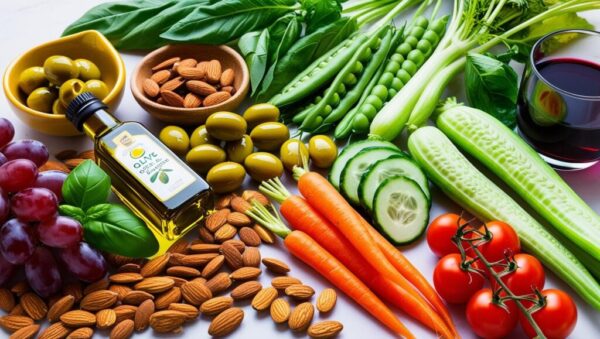 Fresh vegetables typical in Italy on a table. Almonds, carrots, tomatoes, fava beans, olives and olive oil.