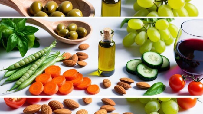 Fresh Italian vegetables like tomatoes, olives, olive oil, wine, fava beans