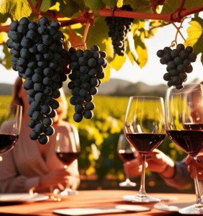 Grapes in vineyard. friends enjoying wine tasting in Puglia